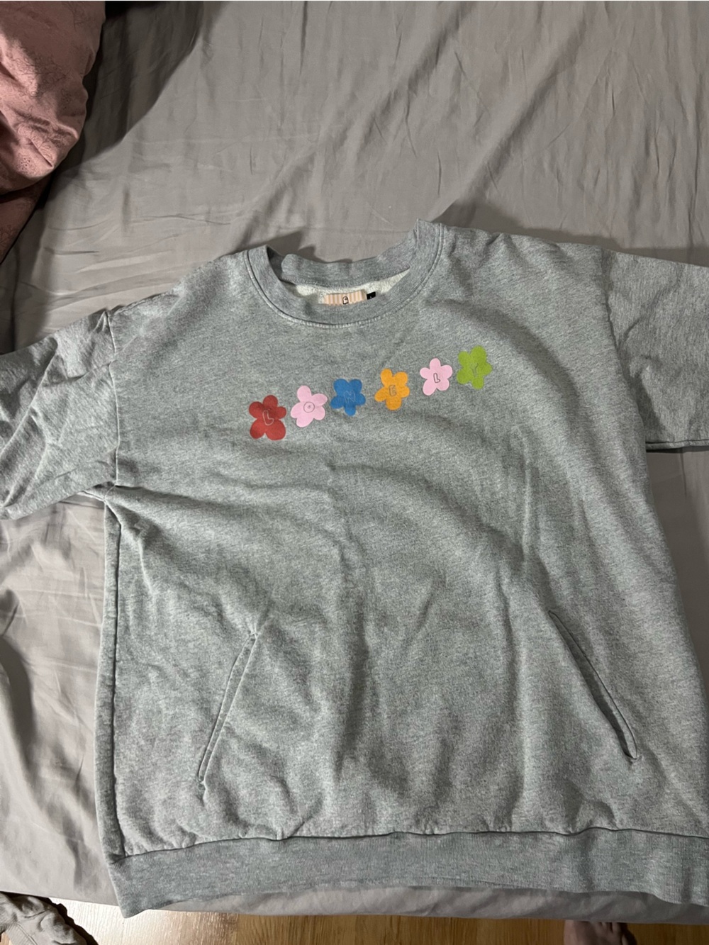 LONELY GHOST Grey Sweatshirt with Multicolor Flower Appliqués